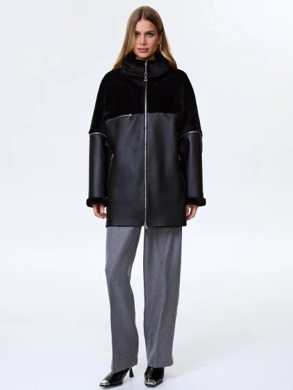 Молодежная дубленка оверсайз для женщин премиум класса 2051, черная, размер 48, артикул 64160-6