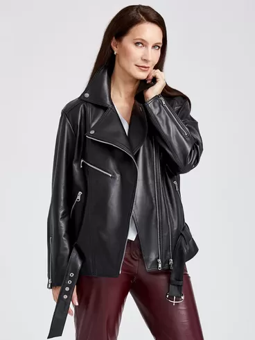Кожаный комплект женский: Куртка 3013 + Брюки 02, черный/бордовый, р. 46, арт. 111147-5