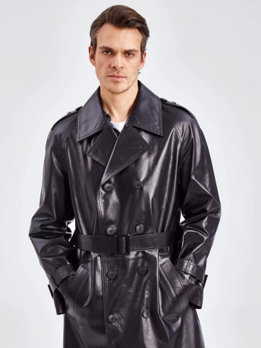 Двубортное мужское кожаное пальто премиум класса 553, черное, размер 50, артикул 71340-5