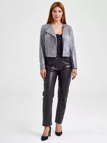 Кожаный комплект женский: Куртка 389 + Брюки 03, серый/черный, р. 42, арт. 111117-0