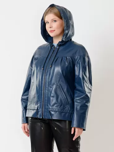 Кожаная куртка женская 303, с капюшоном, синяя, р. 54, арт. 91190-5