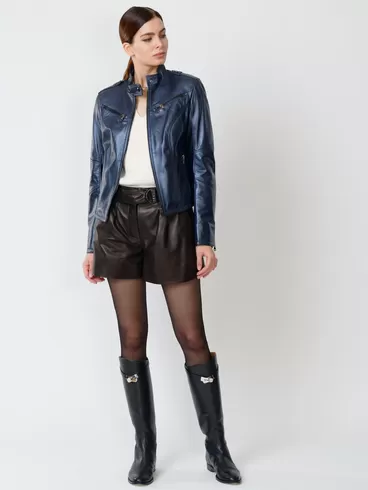 Кожаный комплект: Куртка женская 399 + Шорты женские 01, синий/черный, размер 44, арт. 111206-0