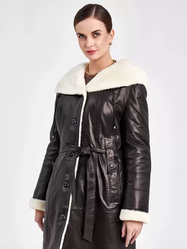 Кожаное пальто зимнее женское 392мех, с капюшоном, с поясом, черное - белое, р. 48, арт. 91840-0