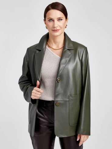 Кожаный пиджак женский 3016, оливковый, размер 54, артикул 91630-0