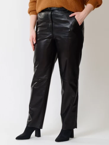 Кожаные прямые брюки женские 04, из натуральной кожи, черные, размер 50, артикул 85390-6