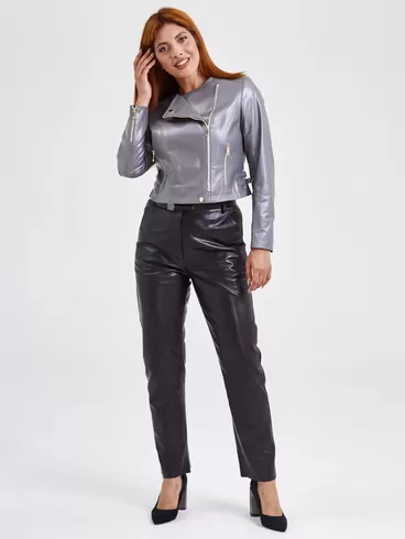 Кожаный комплект женский: Куртка 389 + Брюки 03, серый/черный, р. 42, арт. 111117-1