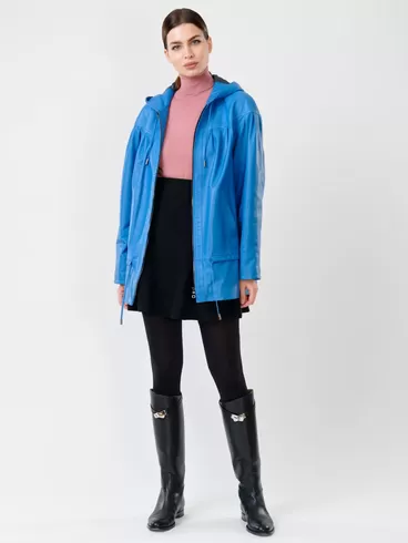 Кожаная куртка женская 303у, с капюшоном, голубая, р. 48, арт. 90690-3