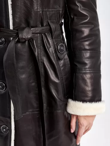 Кожаное пальто зимнее женское 392мех, с капюшоном, с поясом, черно-белое, р. 48, арт. 91840-6