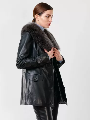 Кожаная утепленная куртка женская 372ш, с мехом енота, черная, р. 48, арт. 23650-5