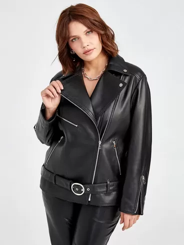 Кожаный комплект: Куртка женская 3013 + Брюки женские 02, черный/бордовый, р. 46, арт. 111146-3