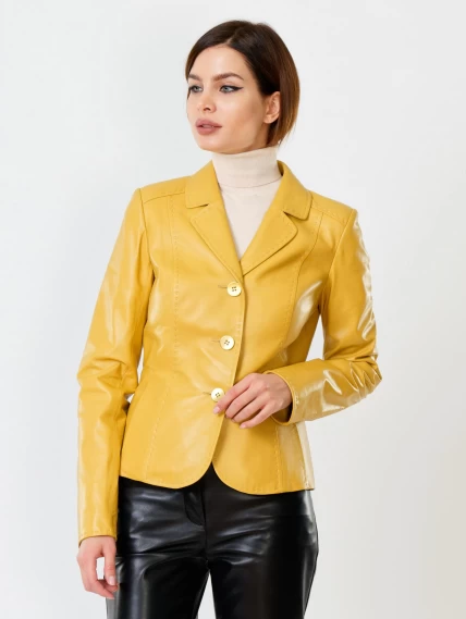 Кожаный костюм женский: Пиджак 316рс + Брюки 03, желтый/черный, размер 44, артикул 111152-5