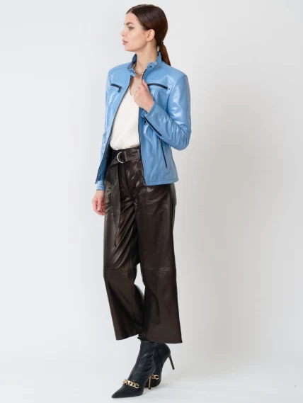 Кожаный комплект женский: Куртка 301 + Брюки 05, голубой перламутр/черный, размер 44, артикул 111167-1