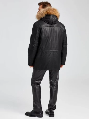 Утепленная мужская кожаная куртка аляска с мехом енота Алекс, черная DS, размер 52, артикул 40380-4