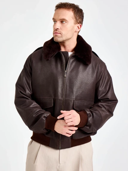 Мужская кожаная куртка пилот премиум класса 548, коричневая, размер 50, артикул 29860-0