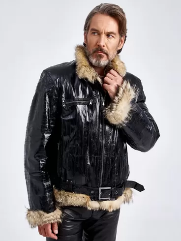 Кожаная куртка из кожи морского угря зимняя мужская ZE/F-7980, на подкладке из меха лисицы, черная, p. 48, арт. 40800-6