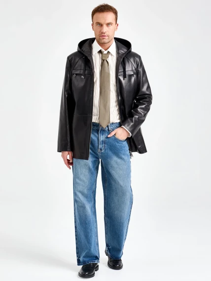 Мужская черная кожаная куртка с капюшоном премиум класса 552, размер 48, артикул 29840-0