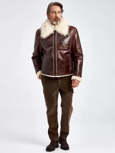 Кожаная куртка зимняя мужская 161, на подкладке из овчины тиградо, коричневая, p. 52, арт. 70690-5