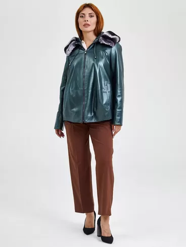 Кожаная утепленная куртка женская 308ш (у), с капюшоном, с мехом "рекса", зеленый, р. 48, арт. 91751-1