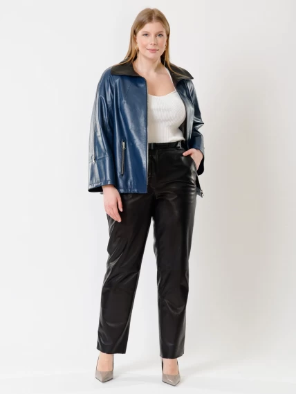 Кожаный комплект женский: Куртка 385 + Брюки 04, синий/черный, размер 48, артикул 111383-0