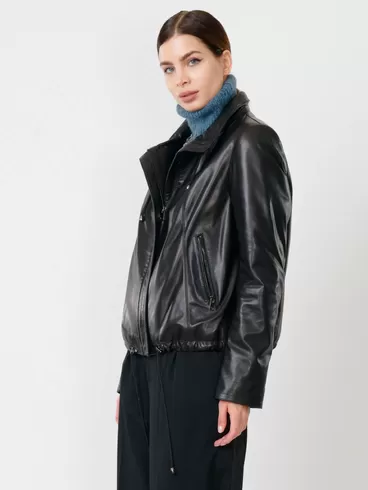 Кожаная куртка женская 305, с капюшоном, черная, р. 44, арт. 90820-1