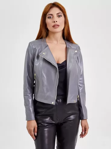 Кожаный комплект женский: Куртка 389 + Брюки 03, серый/черный, р. 42, арт. 111117-5