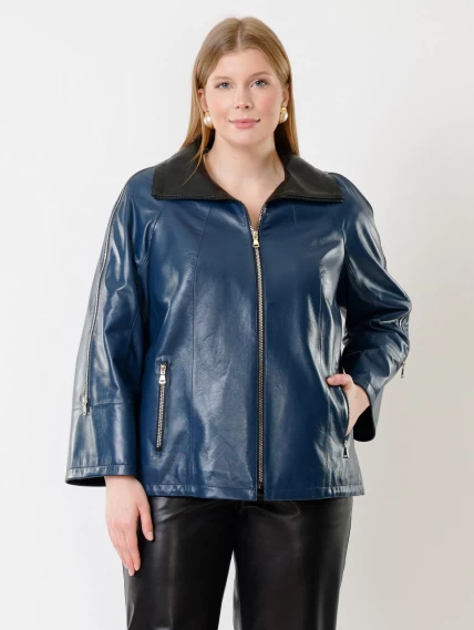 Кожаный комплект женский: Куртка 385 + Брюки 04, синий/черный, размер 48, артикул 111383-4