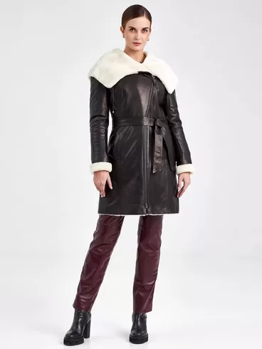 Кожаное пальто зимнее женское 390мех, с капюшоном, черное - белое, р. 50, арт. 91810-1