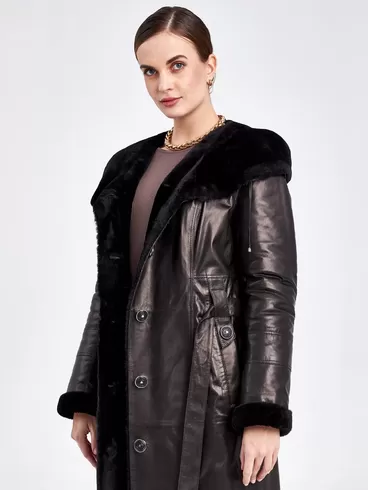 Кожаное пальто зимнее женское 392мех, с капюшоном, с поясом, черное, р. 48, арт. 91850-2