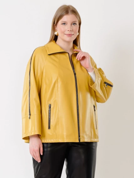 Кожаный комплект женский: Куртка 385 + Брюки 04, желтый/черный, размер 48, артикул 111382-5