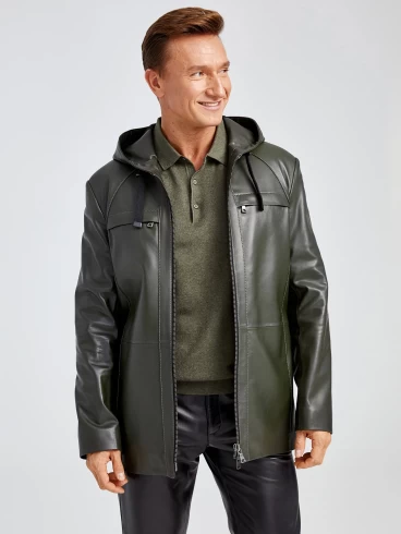 Удлиненная мужская кожаная куртка с молниями YKK премиум класса 552, оливковая, размер 48, артикул 28892-1