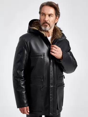 Кожаная куртка зимняя премиум класса мужская 513мех, на подкладке из овчины, черная, p. 54, арт. 41740-6
