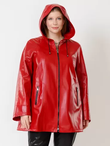 Кожаная куртка женская 383, с капюшоном, красная, р. 50, арт. 91311-2