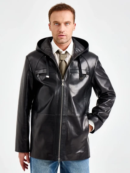 Мужская черная кожаная куртка с капюшоном премиум класса 552, размер 48, артикул 29840-3