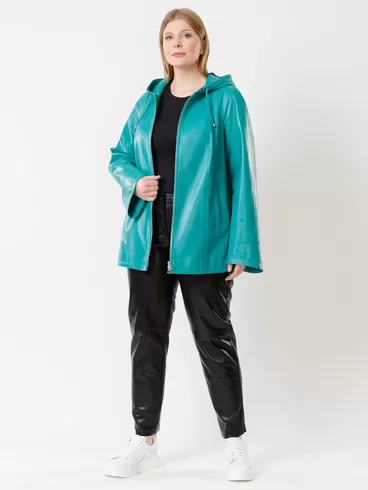 Кожаный комплект женский: Куртка 383 + Брюки 04, бирюзовый/черный, р. 48, арт. 111177-0