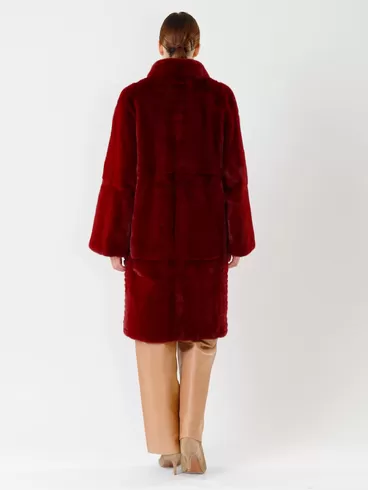 Пальто из меха норки женское 2826, с кожаным поясом, бордовое, р. 46, арт. 32690-4