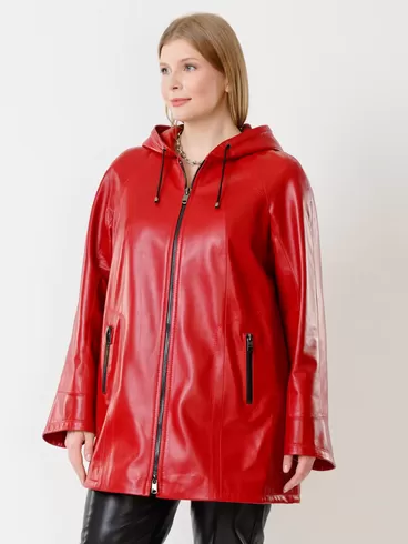 Кожаная куртка женская 383, с капюшоном, красная, р. 48, арт. 91310-1