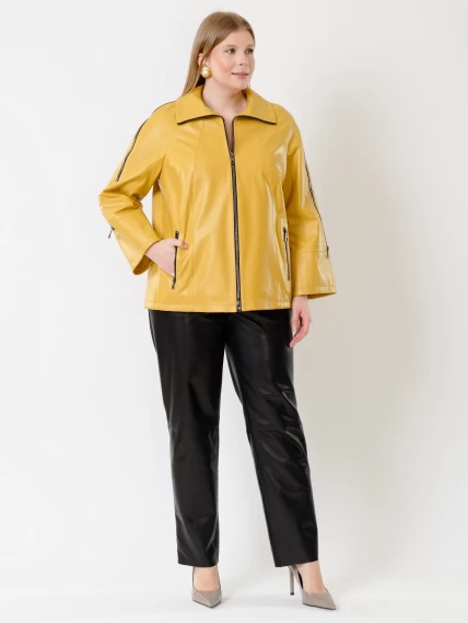 Кожаный комплект женский: Куртка 385 + Брюки 04, желтый/черный, размер 48, артикул 111382-1