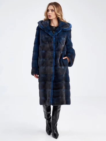 Женское пальто из меха норки с капюшоном 2а-д(к), синее, размер 50, артикул 33890-5