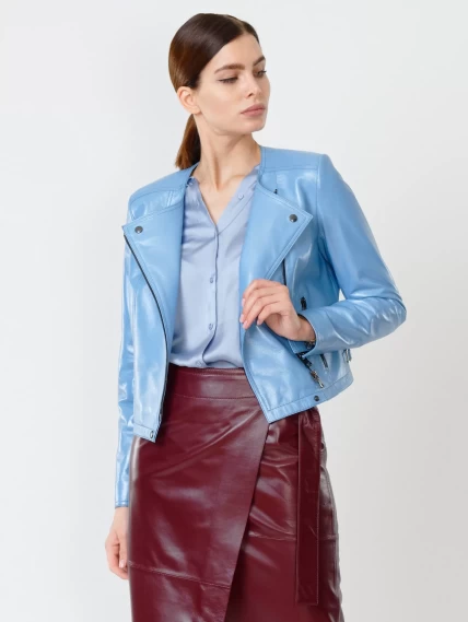 Кожаный комплект женский: Куртка 389 + Юбка-миди 07, голубой/бордовый, размер 42, артикул 111112-3