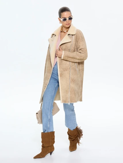 Бежевая женская дубленка косуха 2069, размер 42, артикул 65200-1