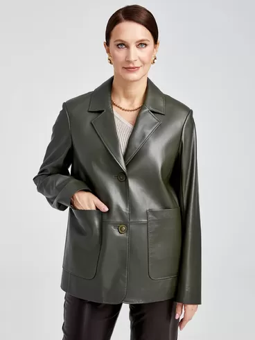 Кожаный костюм женский: Пиджак 3016 + Брюки 03, оливковый/черный, р. 46, арт. 111138-3