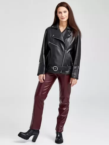 Кожаный комплект женский: Куртка 3013 + Брюки 02, черный/бордовый, р. 46, арт. 111147-1