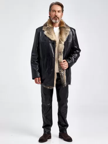 Кожаная куртка зимняя мужская Делон 1, на подкладке из меха лисицы, черная, p. 52, арт. 40770-5