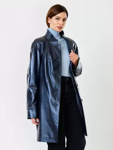 Кожаное пальто женское 378, синий перламутр, р. 46, арт. 91130-5