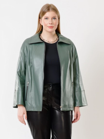 Кожаный комплект женский: Куртка 385 + Брюки 04, оливковый/черный, размер 48, артикул 111381-4