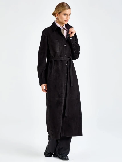 Черный женский замшевый плащ премиум класса 3112з, размер 46, артикул 92380-0
