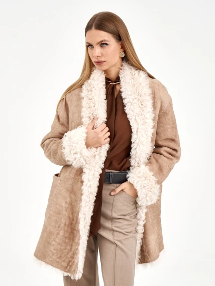Короткая женская дубленка из тиградо 2078, бежевая, размер 44, артикул 65270-6