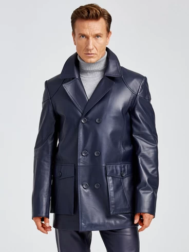 Двубортная мужская кожаная куртка бушлат 549, синяя, размер 50, артикул 28881-6