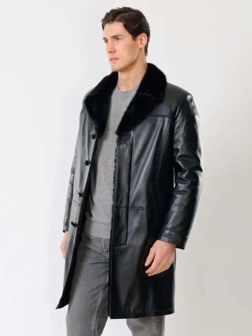 Мужское зимнее кожаное пальто с норковым воротником премиум класса 533мех, черное, размер 50, артикул 71060-1