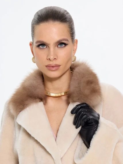 Женская дубленка свободного кроя с куницей 2070, бежевая, размер 48, артикул 65220-3